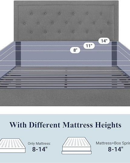Allewie Queen Size Bed Frame Upholstered Platform Bed with Adjustable Headboard, Button Tufted, Wood Slat Support, Easy Assembly, Light Grey - LeafyLoom