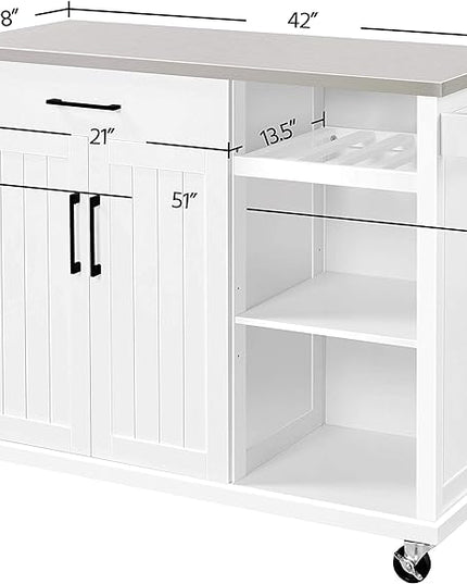 Yaheetech Kitchen Island Cart with Stainless Steel Top, Rolling Storage Cabinet on Wheels with Drawer& Wine Rack & Spice Rack, Sideboard Buffet with Towel Bar, White - LeafyLoom