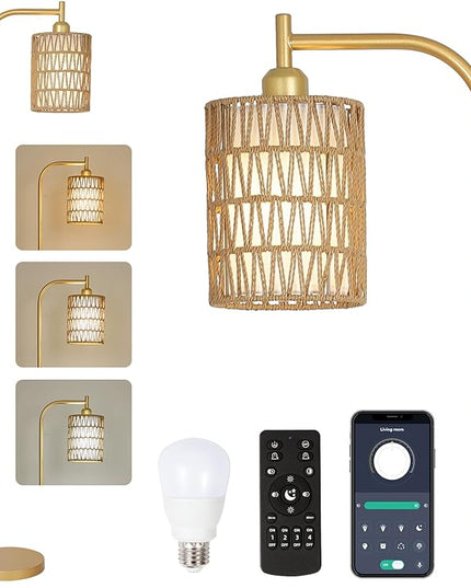 Modern Gold Floor Lamps for Living Room, Boho Rattan Floor Lamp with Remote & Dimmable LED Bulb, Farmhouse Standing Lamp with Rattan Shades, Minimalist Tall Pole Lamp for Bedroom Office - LeafyLoom