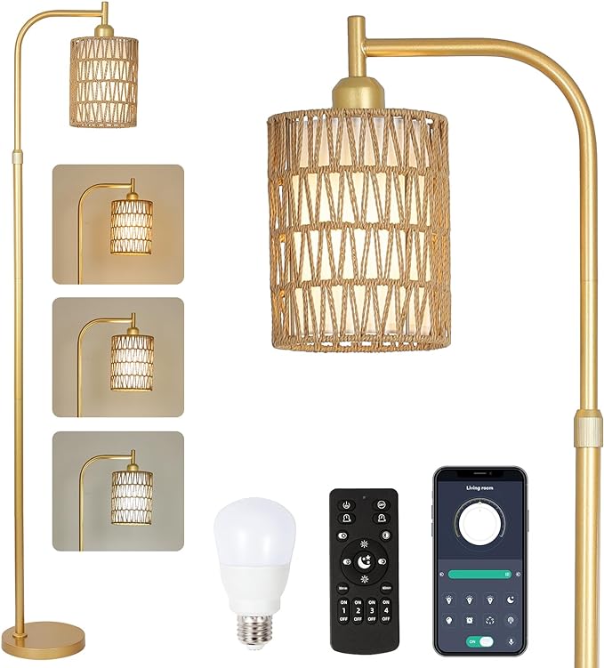 Modern Gold Floor Lamps for Living Room, Boho Rattan Floor Lamp with Remote & Dimmable LED Bulb, Farmhouse Standing Lamp with Rattan Shades, Minimalist Tall Pole Lamp for Bedroom Office - LeafyLoom