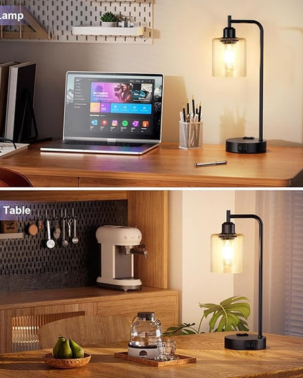 Industrial Touch Table Lamps for Bedrooms Set of 2 - 3-Way Dimmable Lamps with USB C+A Ports and Outlet, Black Bedside Lamps with Seeded Clear Glass Shade for Living Room, Desk Lamps for Home Office - LeafyLoom