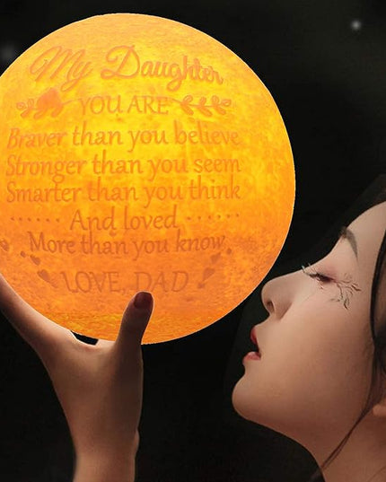 Personalized Gifts Engraved 3D Moon Lamp Night Light for Daughter with Wood Stand,Cool Lamps to Teenage Girl Room Decor, Daughter Gifts Nightlight from Dad - LeafyLoom