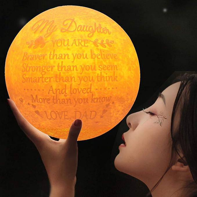 Personalized Gifts Engraved 3D Moon Lamp Night Light for Daughter with Wood Stand,Cool Lamps to Teenage Girl Room Decor, Daughter Gifts Nightlight from Dad - LeafyLoom
