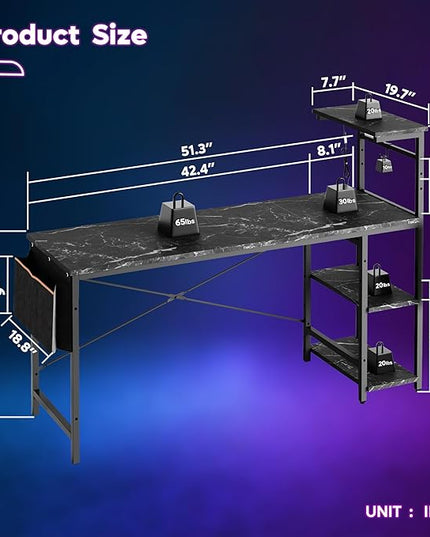 Bestier Gaming Desk with LED Lights, Computer Desk with 4 Tiers Reversible Shelves, 51.3 Inch Gamer Desk with Side Storage Bag, Hooks and Height Adjustable Shelf (Black Marble) - LeafyLoom