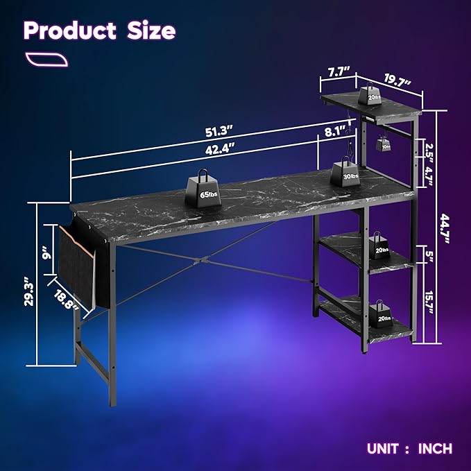 Bestier Gaming Desk with LED Lights, Computer Desk with 4 Tiers Reversible Shelves, 51.3 Inch Gamer Desk with Side Storage Bag, Hooks and Height Adjustable Shelf (Black Marble) - LeafyLoom