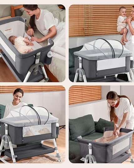 4 in 1 Baby Bassinet,Easy Folding Portable Bedside Crib with Comfy Mattress and Wheels,Height Adjustable Bassinet with Mosquito net Included,Grey - LeafyLoom