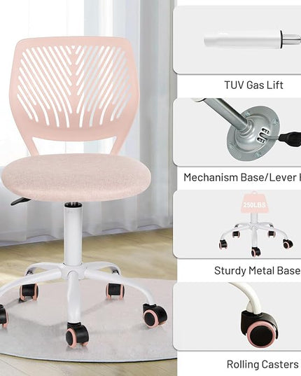 Desk Chair Small Armless, Comfy Home Office Chair with Fabric Seating Cushion and Plastic Low-Back, Adjustable Swivel Study Computer Task Chair for Student Children Kids with Rolling Wheels, Pink - LeafyLoom