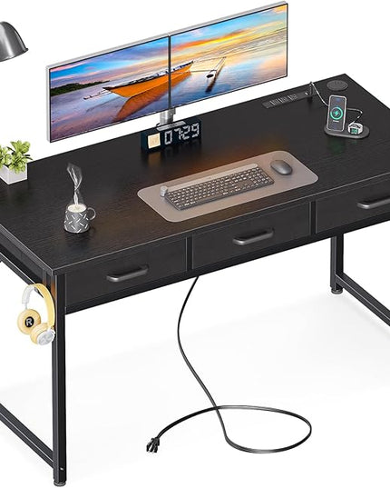 AODK 54 Inch Computer Desk with 3 Fabric Drawers, Office Desk with USB/Type-C Charging Ports & Power Outlets, Vanity Desk with Iron Hook for Bedroom, Study/Writing/Work Table for Bedroom, Black - LeafyLoom