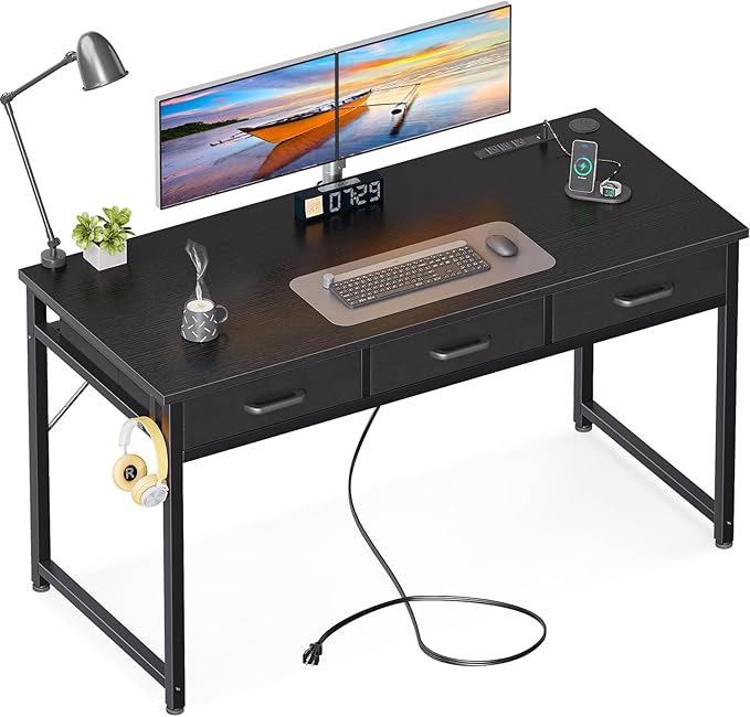 AODK 54 Inch Computer Desk with 3 Fabric Drawers, Office Desk with USB/Type-C Charging Ports & Power Outlets, Vanity Desk with Iron Hook for Bedroom, Study/Writing/Work Table for Bedroom, Black - LeafyLoom