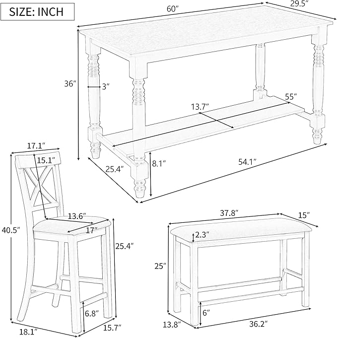 RITSU 6-Piece Counter Height Dinette Sets Kitchen Dining Table with Shelf, 4 Chairs & Bench w/Soft Cushion, for Diningroom Living Room, Easy to Assemble, Gray 5 - LeafyLoom