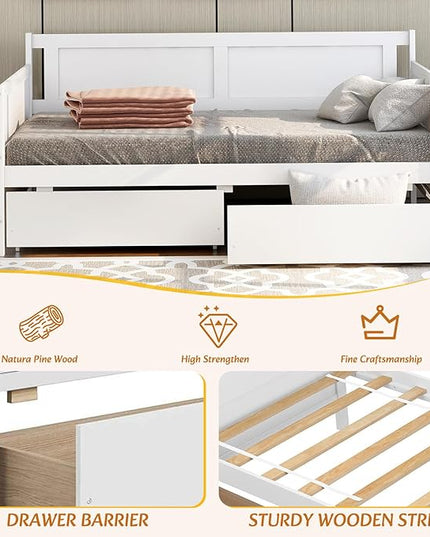Twin Daybed with 2 Storage Drawers,Pinewood Twin Size Daybed Frame with Solid Guardrail,Dual-Use Sofa Daybed for Boys/Girls/Teens Bedroom, Easy to Assemble, No Box Spring Needed,White - LeafyLoom