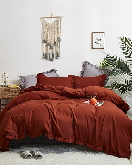 Rust Ruffled Comforter Set King Size Bedding Set Women Caramel Ruffles Blanket Men Burnt Orange Ruffled Comforter Farmhouse Ruffle Fringe Design Girls 3 PCs Cinnamon Color Ruffled Bedding Set - LeafyLoom