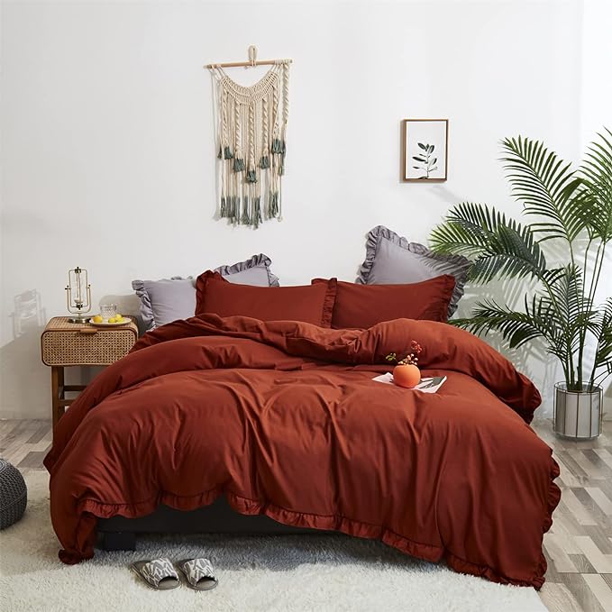 Rust Ruffled Comforter Set King Size Bedding Set Women Caramel Ruffles Blanket Men Burnt Orange Ruffled Comforter Farmhouse Ruffle Fringe Design Girls 3 PCs Cinnamon Color Ruffled Bedding Set - LeafyLoom