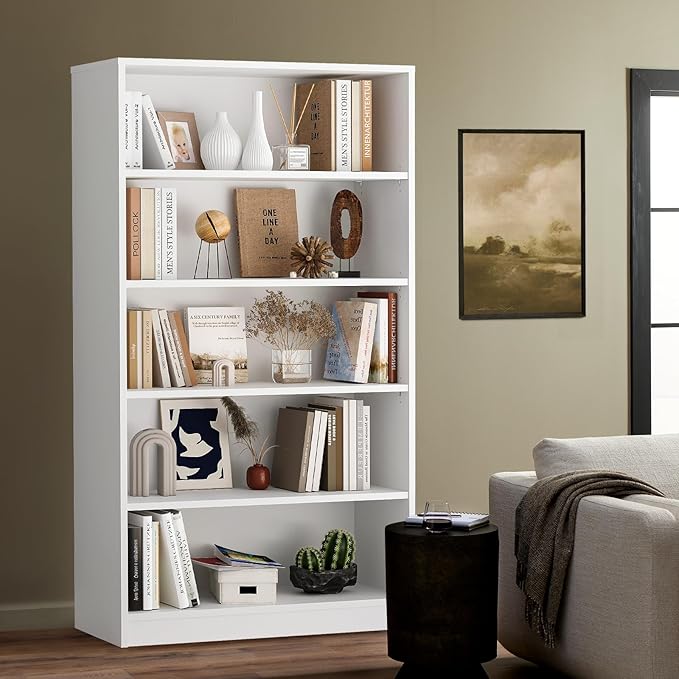 Soohow White Bookcase,Bookshelf for Bedroom,60 inches Tall Wood Book case Book Shelves,5 Shelf Book Shelves for Living Room Office - LeafyLoom