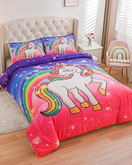 Aimuan Girls Unicorn Comforter Set 3 Pieces Pink Purple Bedding Set with Rainbow Star Galaxy Stars Fantasy Children Room Decor Soft Reversible Bed Sets for Boys/Girls/Teens (Pink-Purple Twin3Pcs) - LeafyLoom