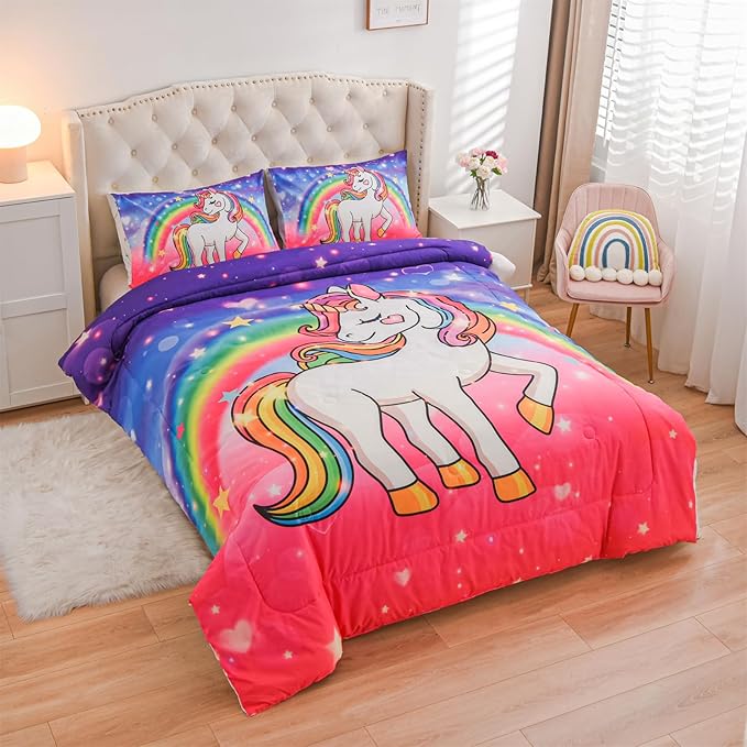 Aimuan Girls Unicorn Comforter Set 3 Pieces Pink Purple Bedding Set with Rainbow Star Galaxy Stars Fantasy Children Room Decor Soft Reversible Bed Sets for Boys/Girls/Teens (Pink-Purple Twin3Pcs) - LeafyLoom