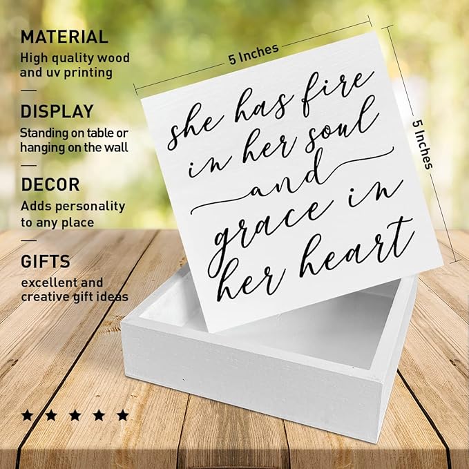 Home Office Desk Wooden Box Sign Decor, Fire in Her Soul and Grace in Her Heart, Inspirational Quotes Desk Decor Motivational Desk Decorations for Women Girls Teens Student Office Classroom School - LeafyLoom