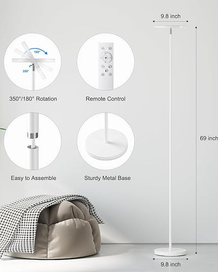 SUNMORY Floor Lamps for Living Room, 32W/3000LM Super Bright LED Floor Lamp with Remote Control, 69" Tall Standing Lamp with Stepless Dimmable, Modern Torchiere Corner Lamp for Bedroom, Office White - LeafyLoom