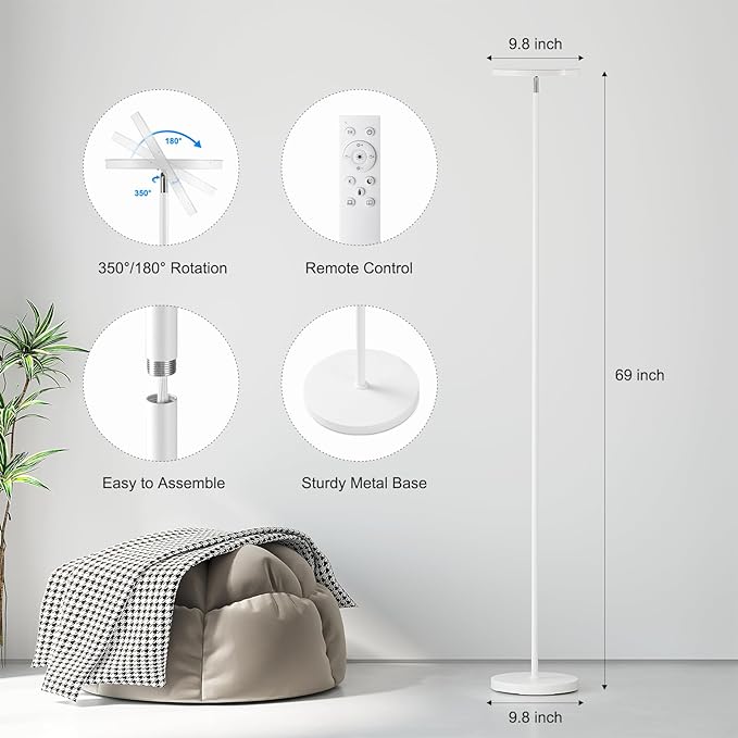 SUNMORY Floor Lamps for Living Room, 32W/3000LM Super Bright LED Floor Lamp with Remote Control, 69" Tall Standing Lamp with Stepless Dimmable, Modern Torchiere Corner Lamp for Bedroom, Office White - LeafyLoom