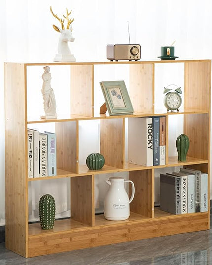 Maydear 47.24” Bamboo Bookshelf, 3 Tier Open Shelf Bookcases 10-Cube Bookshelf with Base, Freestanding Book Storage Organizer Display Shelf for Bedroom, Living Room, Home Office - LeafyLoom
