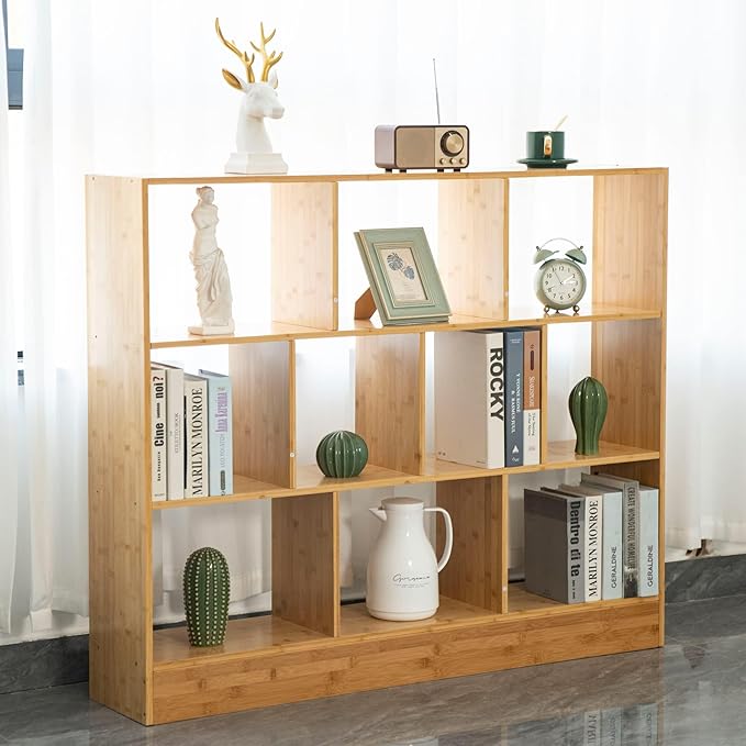 Maydear 47.24” Bamboo Bookshelf, 3 Tier Open Shelf Bookcases 10-Cube Bookshelf with Base, Freestanding Book Storage Organizer Display Shelf for Bedroom, Living Room, Home Office - LeafyLoom