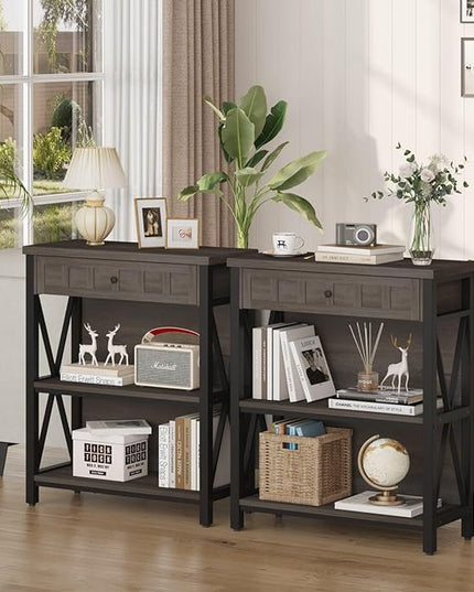 FATORRI Rustic Bookshelf with Drawer, Industrial Wood and Metal Bookcase, Small Book Shelf and Low Book case for Small Space (Walnut Brown) - LeafyLoom