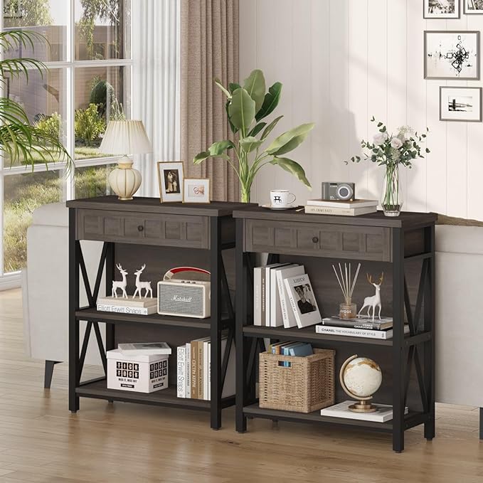 FATORRI Rustic Bookshelf with Drawer, Industrial Wood and Metal Bookcase, Small Book Shelf and Low Book case for Small Space (Walnut Brown) - LeafyLoom