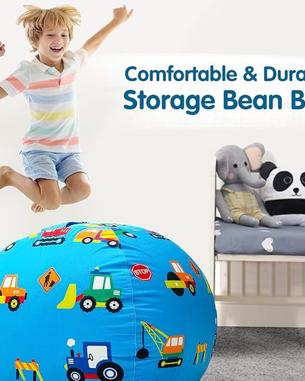Lukeight Stuffed Animal Storage Bean Bag Chair Cover for Kids, Zipper Beanbag Chair Cover for Organizing Toddler & Kids' Rooms Plush Toys (Construction Velvet, Large) - LeafyLoom