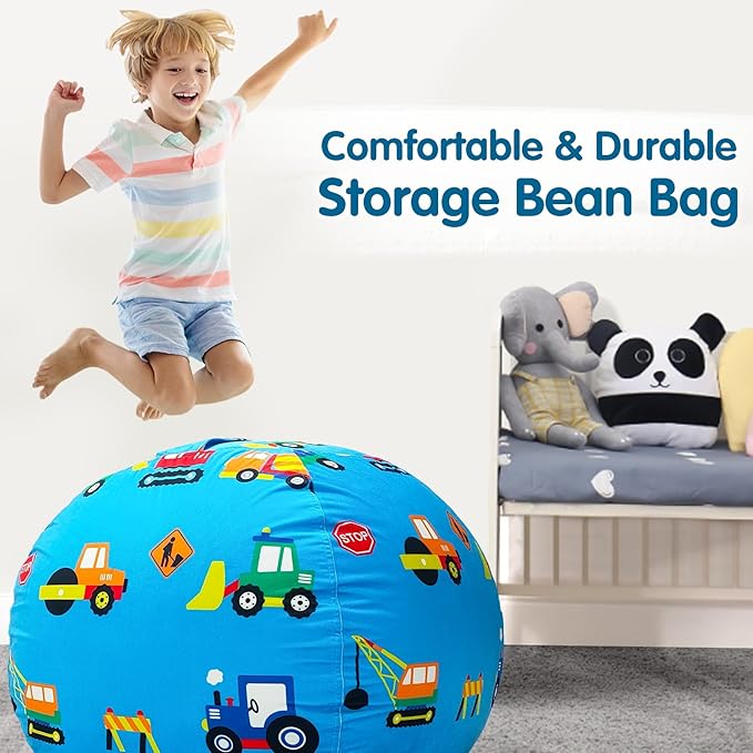 Lukeight Stuffed Animal Storage Bean Bag Chair Cover for Kids, Zipper Beanbag Chair Cover for Organizing Toddler & Kids' Rooms Plush Toys (Construction Velvet, X-Large) - LeafyLoom