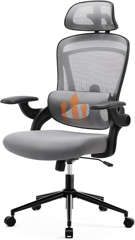 Ergonomic Office Chair, High Back Desk Chair with Adjustable Lumbar Support & Headrest,Comfortable Mesh Computer Chair with Soft Flip Up Arms, Adjustable Height and 120°Tilt,Grey - LeafyLoom