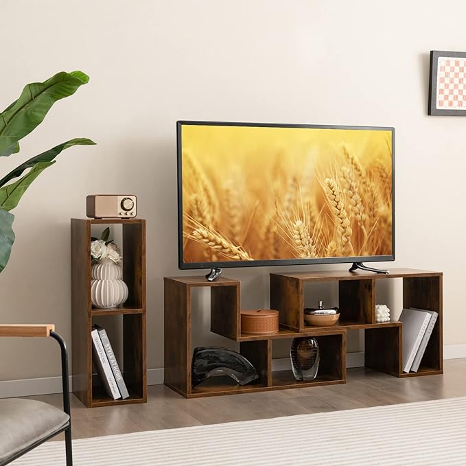BUSHLY 3 Pieces Console TV Stand, Modern Multimedia Furniture for 50 55 60 65 Inch Flat Screen TV, DIY Open Storage Bookcase Shelf for Storage and Display, Suitable for Living Room Bedroom (Brown) - LeafyLoom