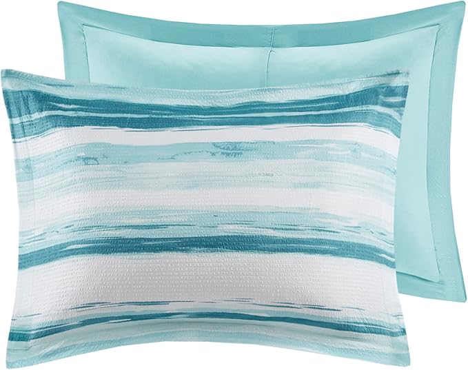 Madison Park Marina Comforter Quilt Combo Set - Modern Luxury Design, All Season Down Alternative Bedding, Matching Shams, Decorative Pillows, Full/Queen(90"x90"), Aqua 8 Piece - LeafyLoom