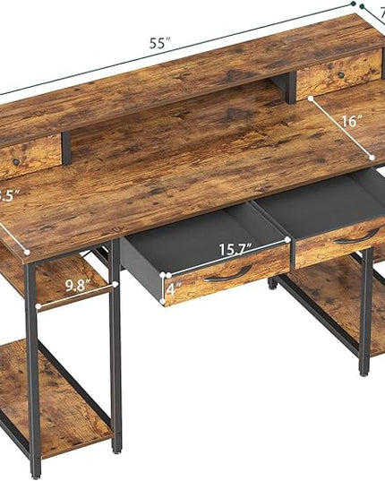 Treesland 55 Inch Computer Desk with Monitor Shelf, 24" Deep, Home Office Desks with Storage, Office Desk with 4 Drawers, Work Desk, Study Writing Desk, Desk with Drawers, Brown - LeafyLoom