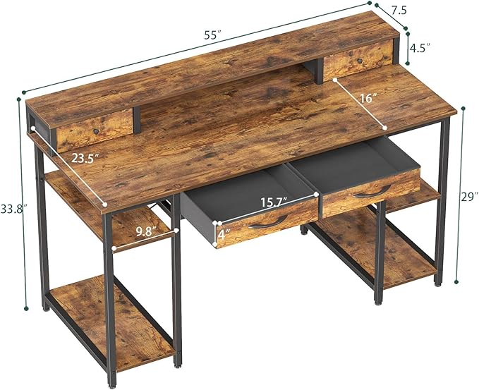 Treesland 55 Inch Computer Desk with Monitor Shelf, 24" Deep, Home Office Desks with Storage, Office Desk with 4 Drawers, Work Desk, Study Writing Desk, Desk with Drawers, Brown - LeafyLoom