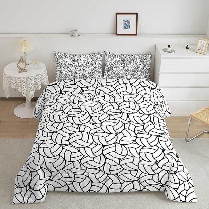 Feelyou Full Size Volleyball Bedding Set Boys Girls Sports Game Comforter Set for Kids Women Men Ultra Soft Volleyball Player Comforter Black White Duvet Set Room Decor Quilt Set - LeafyLoom