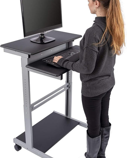 Stand Up Desk Store Rolling Adjustable Height Two Tier Standing Desk Computer Workstation (Silver Frame/Dark Walnut Top, 32" Wide) - LeafyLoom