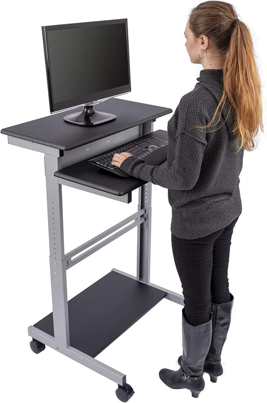 S STAND UP DESK STORE Rolling Adjustable Height Two Tier Standing Desk Computer Workstation (Silver Frame/Black Top, 32 Wide) - LeafyLoom