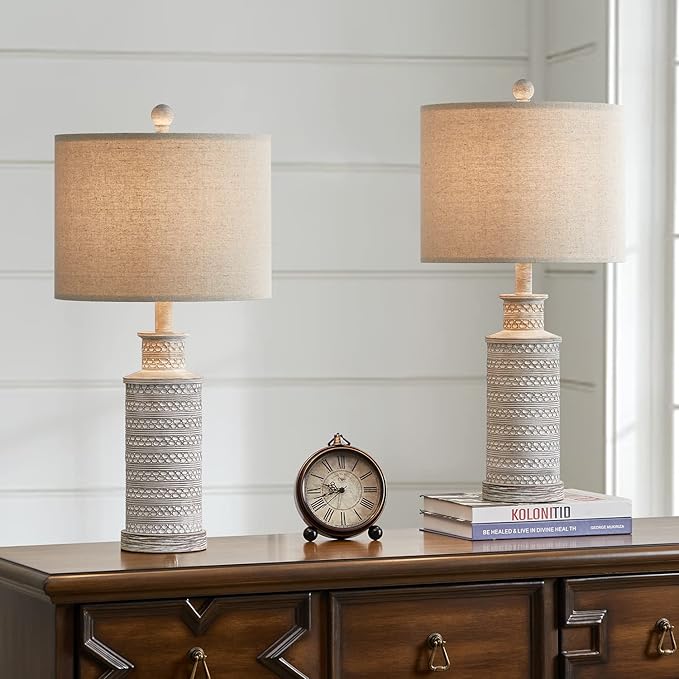 BOBOMOMO 24.5" Farmhouse Rustic Retro 24.5'' Table Lamp Set of 2 for Bedroom Living Room Traditional Nightstand End Table Lamps - LeafyLoom