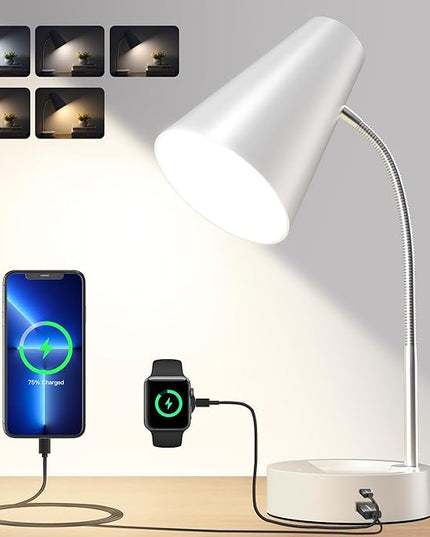 RUNTOP Desk Lamp, Desk Lamps for Home Office with 5 Color Modes 5 Brightness Dimmer Reading Light & USB Port, Type C port, 7W LED Table Lamp, 360° Flexible Gooseneck Lamp Light for Bed Bedside, White - LeafyLoom