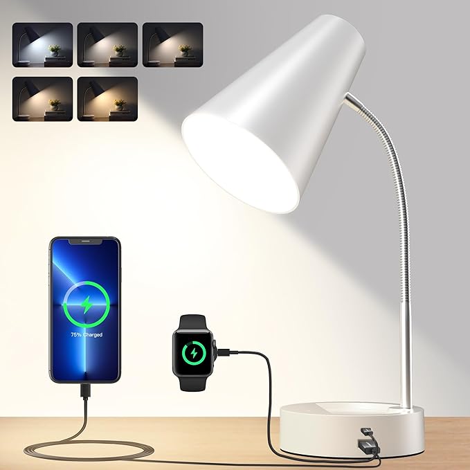 RUNTOP Desk Lamp, Desk Lamps for Home Office with 5 Color Modes 5 Brightness Dimmer Reading Light & USB Port, Type C port, 7W LED Table Lamp, 360° Flexible Gooseneck Lamp Light for Bed Bedside, White - LeafyLoom