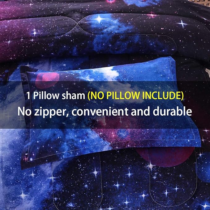 JQinHome Twin Galaxy Comforter Sets Blanket, 3D Outer Space Themed Bedding, All-Season Reversible Quilted Duvet, for Children Boy Girl Teen Kids - includes 1 Comforter, 1 Pillow Sham (Dark Blue) - LeafyLoom