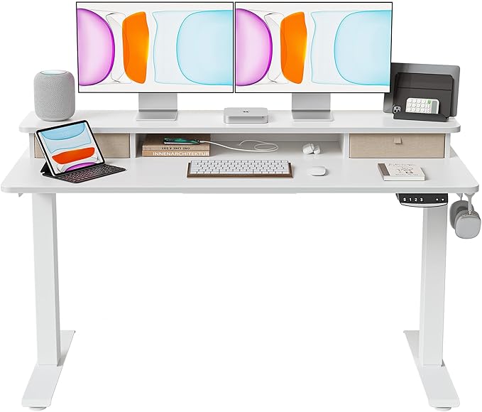 BANTI 55x24 Inch Electric Standing Desk with Double Drawers, Adjustable Height Stand Up Desk, Sit Stand Home Office Desk with Storage Shelf, White Top - LeafyLoom