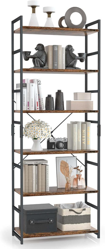 OTK 6 Tier Adjustable Bookshelf, Tall Bookcase, Office Shelf Storage Organizer, Modern Book Shelf for Living Room, Bedroom, and Home Office, Vintage - LeafyLoom