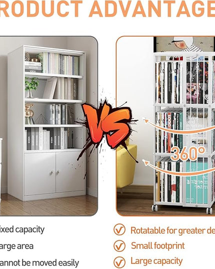 Rotating Bookcase White 3 Tiers Metal Large Capacity Bookshelf, 360°Cubic for Small Space with Storage and Creative Multi-Layer Shelves,Magazine Books for Bedroom Living Room Study Office - LeafyLoom