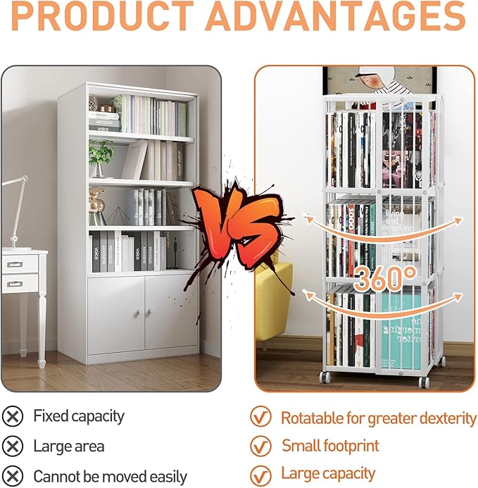 Rotating Bookcase White 3 Tiers Metal Large Capacity Bookshelf, 360°Cubic for Small Space with Storage and Creative Multi-Layer Shelves,Magazine Books for Bedroom Living Room Study Office - LeafyLoom