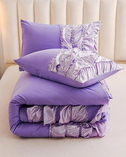 A Nice Night Waterfall Flutter Ruffle 3PCS Comforter Set,Chic Ruffled Textured Princess Bedding Set,Bling Purple,Twin - LeafyLoom
