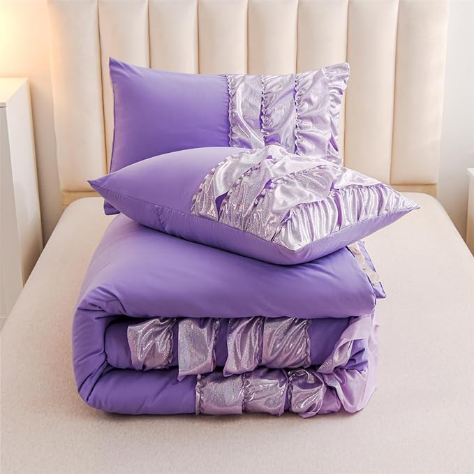 A Nice Night Waterfall Flutter Ruffle 3PCS Comforter Set,Chic Ruffled Textured Princess Bedding Set,Bling Purple,Twin - LeafyLoom