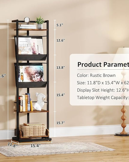 Bookshelf 5-Tier Book shelf: Tall Narrow Bookshelf Bookcase, Industrial Modern Sturdy Display Bookshelves for Small Spaces, Rustic Brown - LeafyLoom