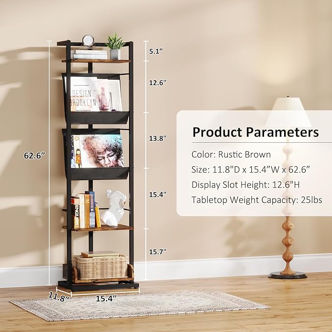 Bookshelf 5-Tier Book shelf: Tall Narrow Bookshelf Bookcase, Industrial Modern Sturdy Display Bookshelves for Small Spaces, Rustic Brown - LeafyLoom