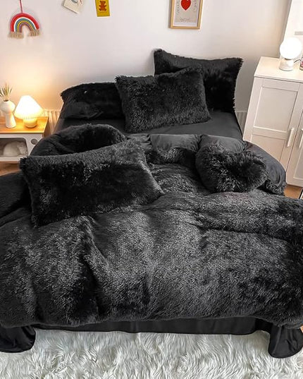 Faux Fur Kids Girls Black Comforter Sets King - 3PC Bed Set Warm Comfortable Soft Plush Flannel Velvet Fluffy Fuzzy Bedding（Comforter x 1 Pillowcases x 2） - LeafyLoom
